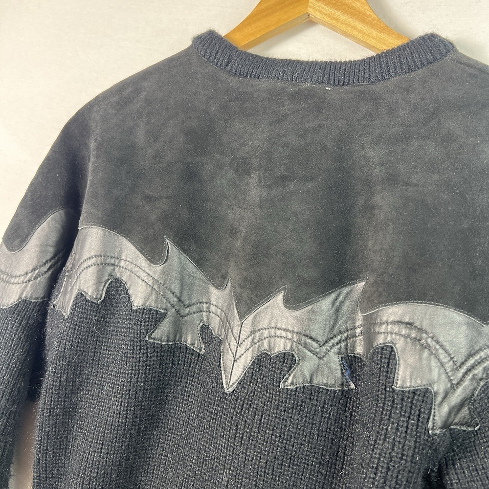 Vintage 90s Leather Knit Sweater Mens M Black Grunge Western Textured - Picture 4 of 8